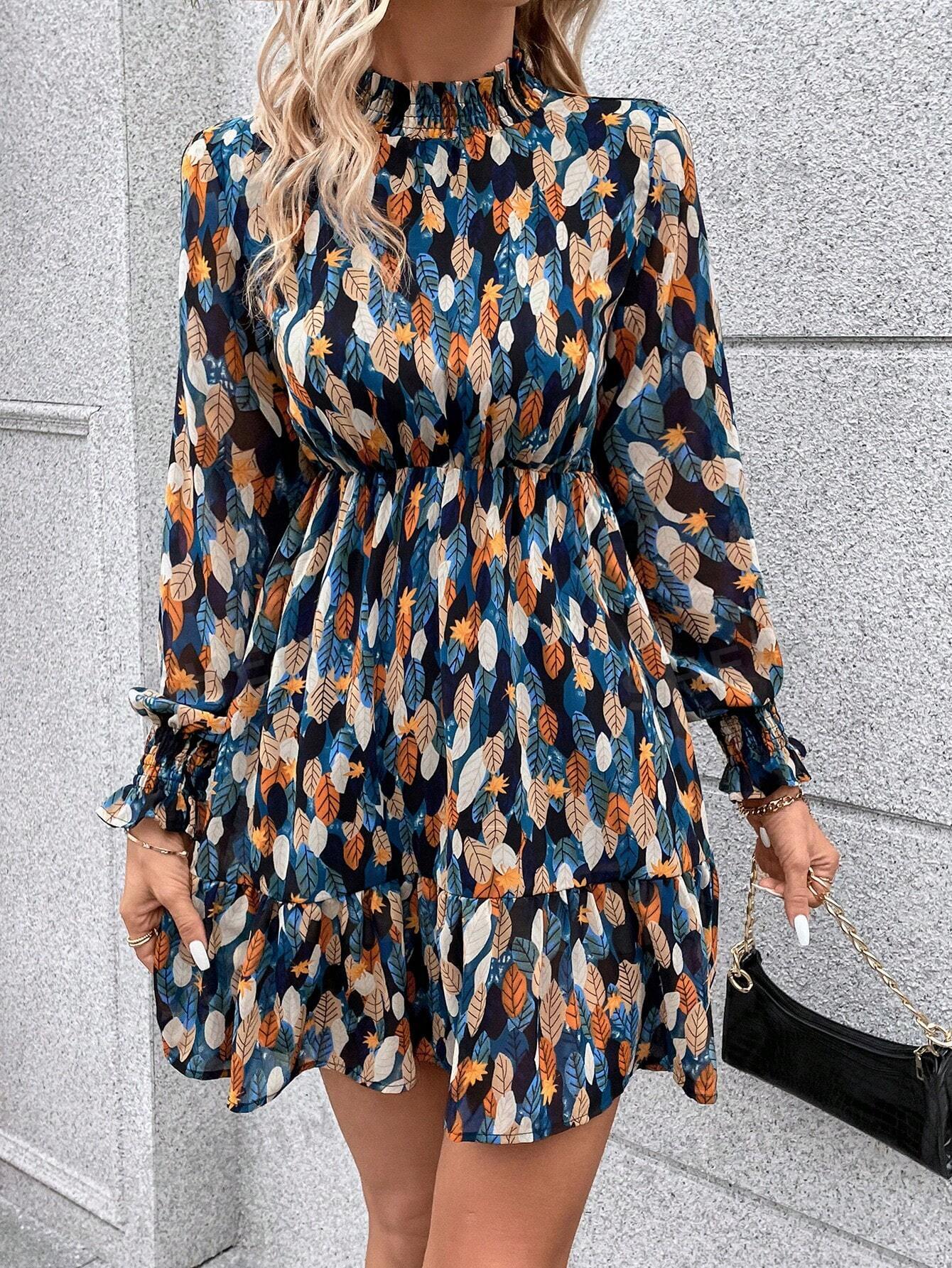 Frenchy Allover Print Flounce Sleeve Ruffle Hem Pleated Collar Shirred Dress