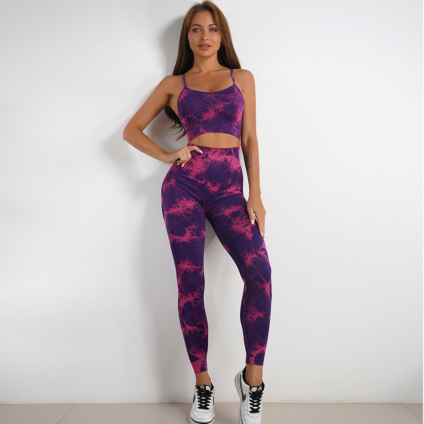 Women's Tie-dye Print Yoga Suit Women Fitness Sports High Waist Trousers Or Shorts Set