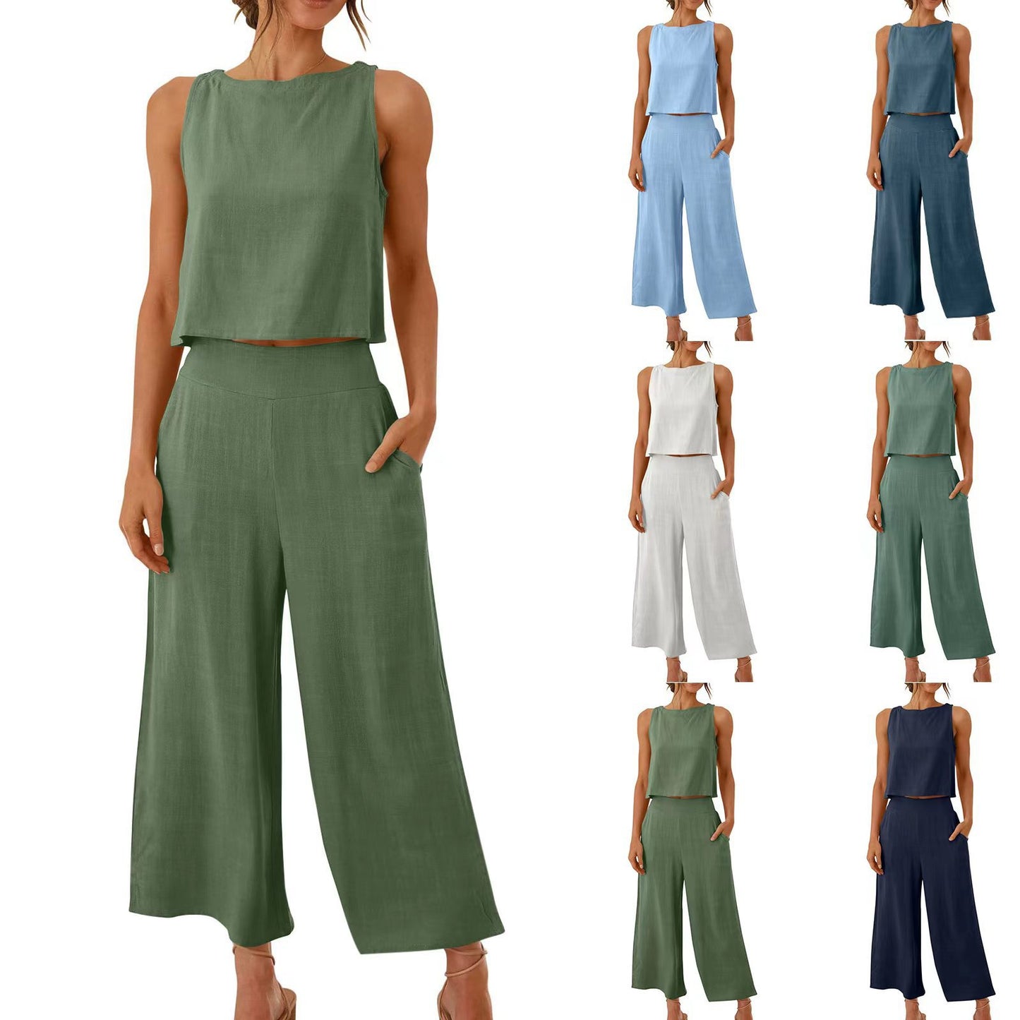 Cropped Wide-leg Pants With Cropped Navel Button Top Suit Pockets