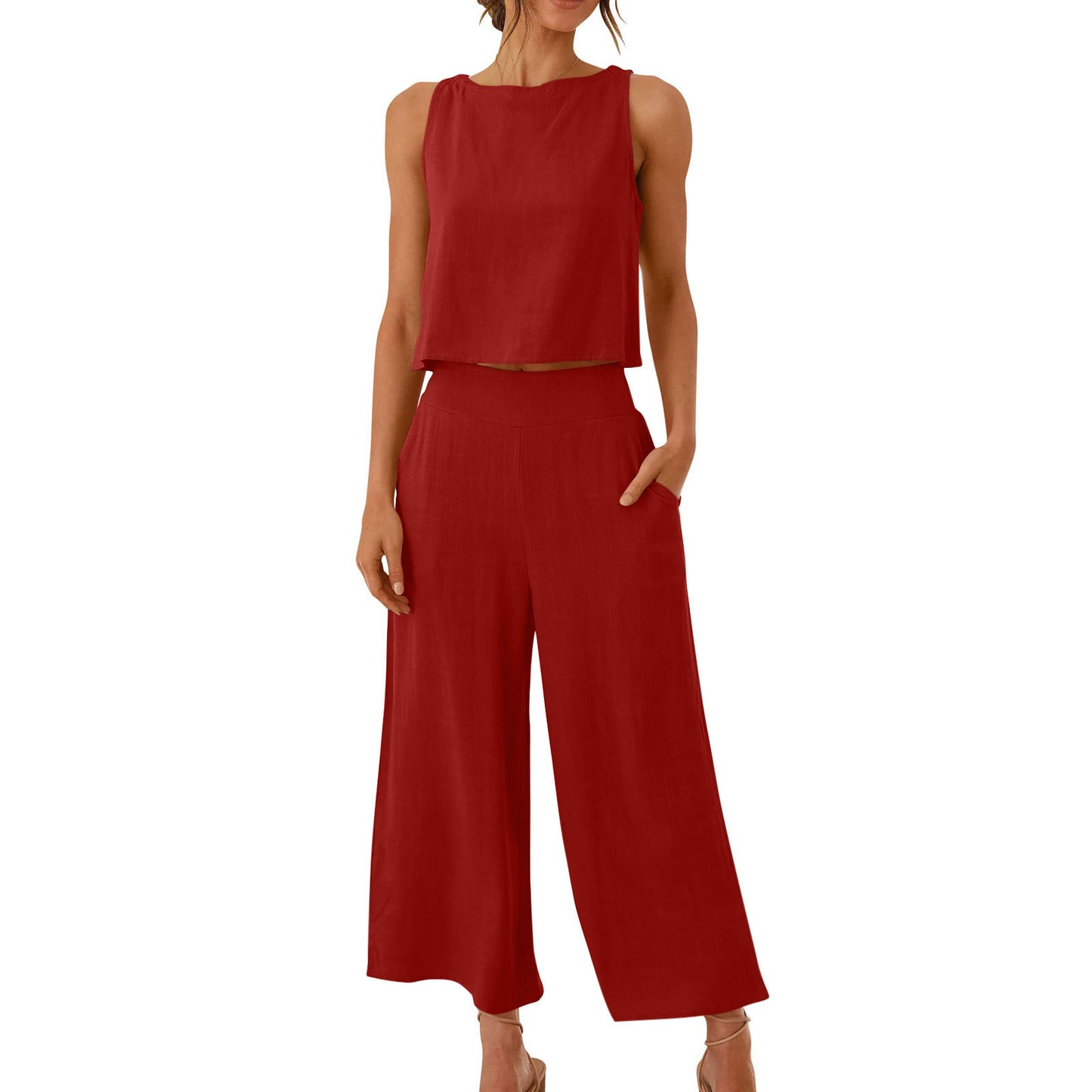 Cropped Wide-leg Pants With Cropped Navel Button Top Suit Pockets