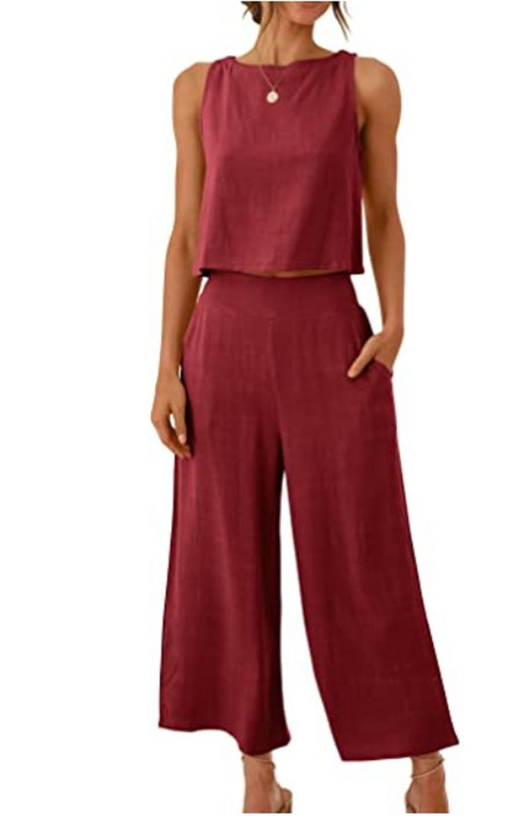 Cropped Wide-leg Pants With Cropped Navel Button Top Suit Pockets