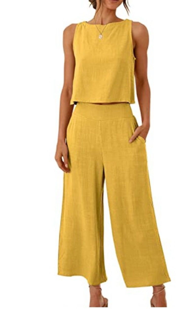 Cropped Wide-leg Pants With Cropped Navel Button Top Suit Pockets