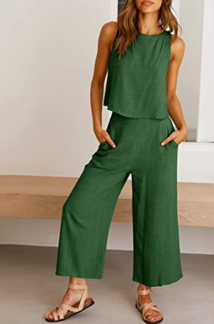 Cropped Wide-leg Pants With Cropped Navel Button Top Suit Pockets