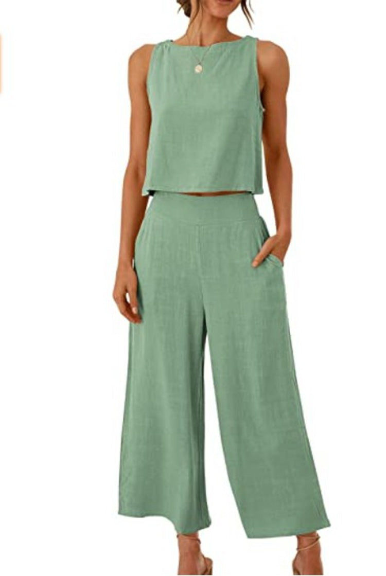 Cropped Wide-leg Pants With Cropped Navel Button Top Suit Pockets