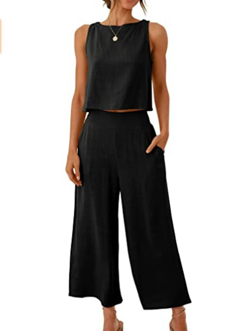 Cropped Wide-leg Pants With Cropped Navel Button Top Suit Pockets