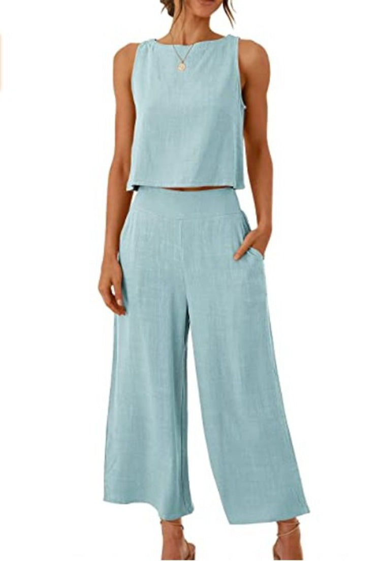 Cropped Wide-leg Pants With Cropped Navel Button Top Suit Pockets